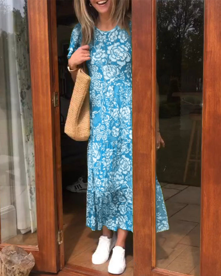 ModeHuis® | Lange jurk met korte mouwen en bloemenprint