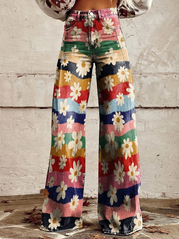 Savannah | Retro bloemenprint broek met hoge taille en wijde pijpen