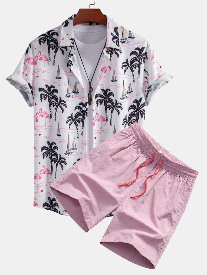 Palmboom/flamingoprint overhemd & zwemshort