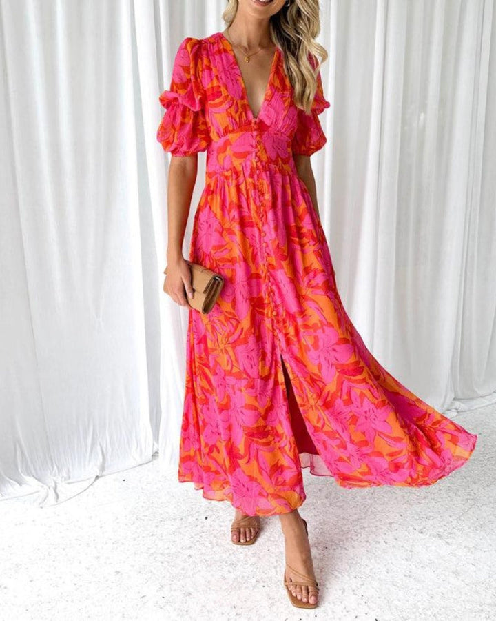 ModeHuis® | Elegante V-hals Maxi jurk met pofmouwen