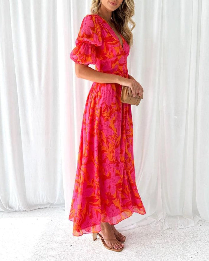 ModeHuis® | Elegante V-hals Maxi jurk met pofmouwen