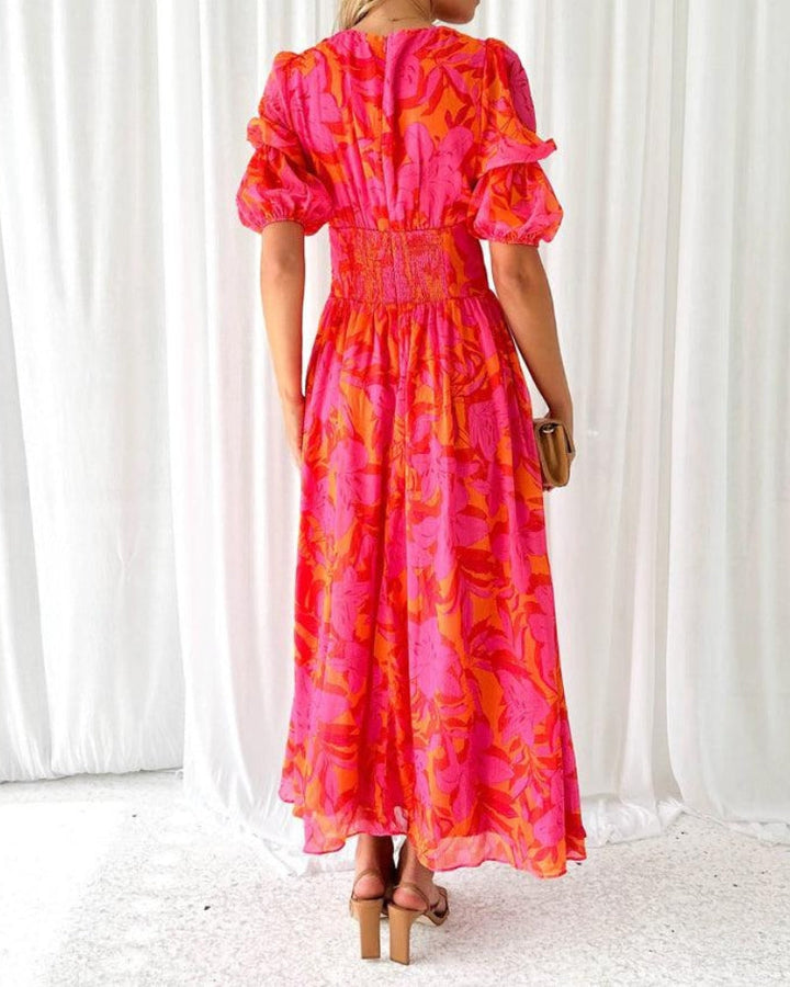 ModeHuis® | Elegante V-hals Maxi jurk met pofmouwen