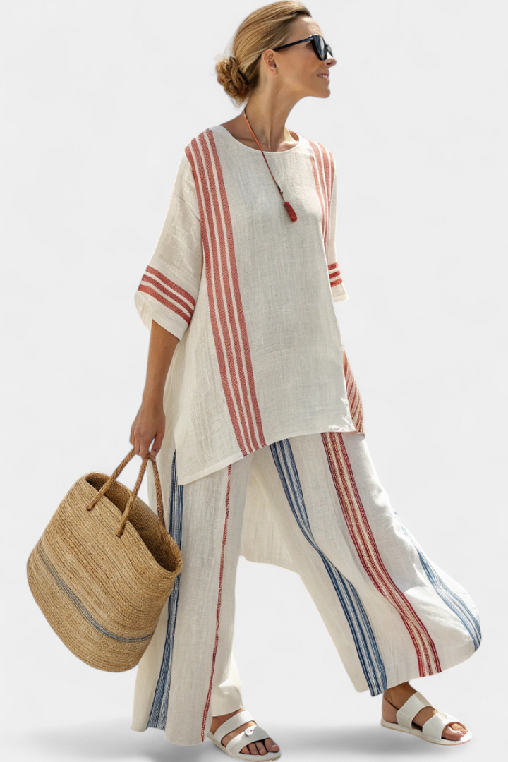 TARA | Losvallende Gestreepte Blouse en Broek Tweedelige Set
