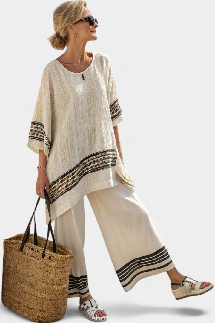 TARA | Losvallende Gestreepte Blouse en Broek Tweedelige Set