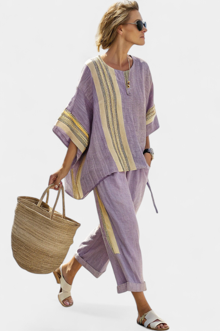 TARA | Losvallende Gestreepte Blouse en Broek Tweedelige Set