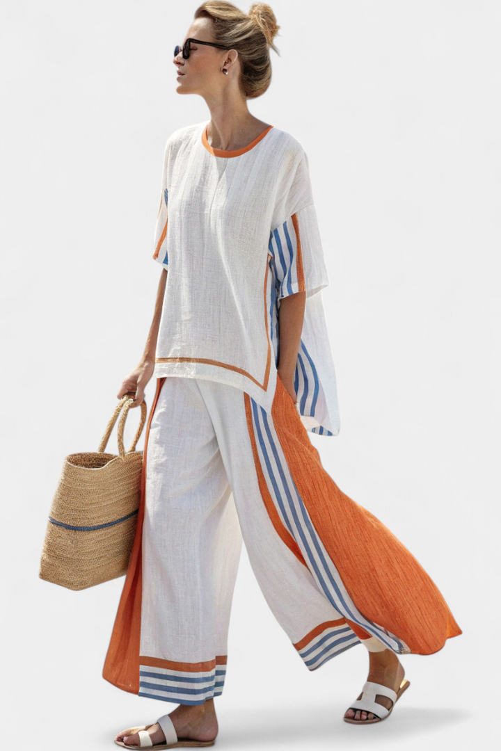 TARA | Losvallende Gestreepte Blouse en Broek Tweedelige Set